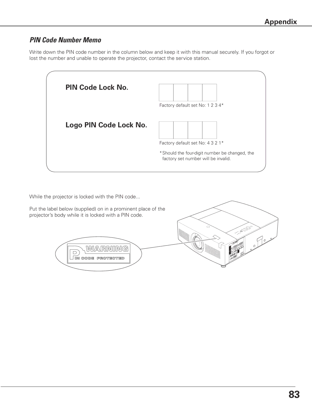 Sanyo PLC-XTC50AL owner manual PIN Code Number Memo, Logo PIN Code Lock No 