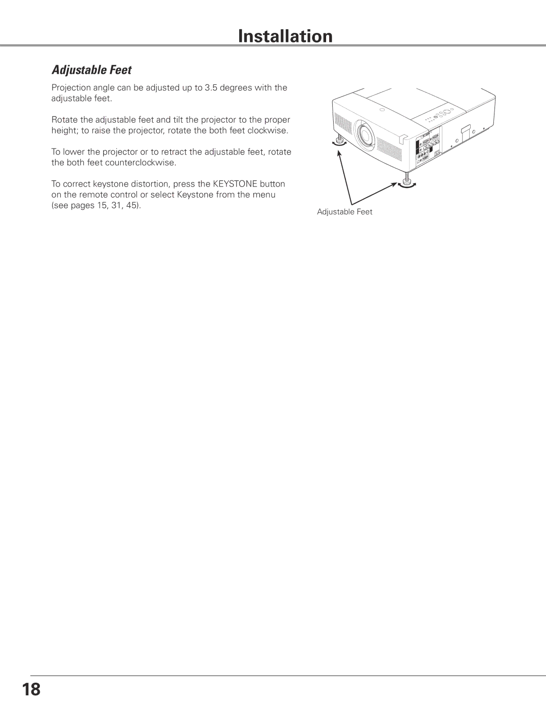 Sanyo PLC-XTC50L owner manual Installation, Adjustable Feet 