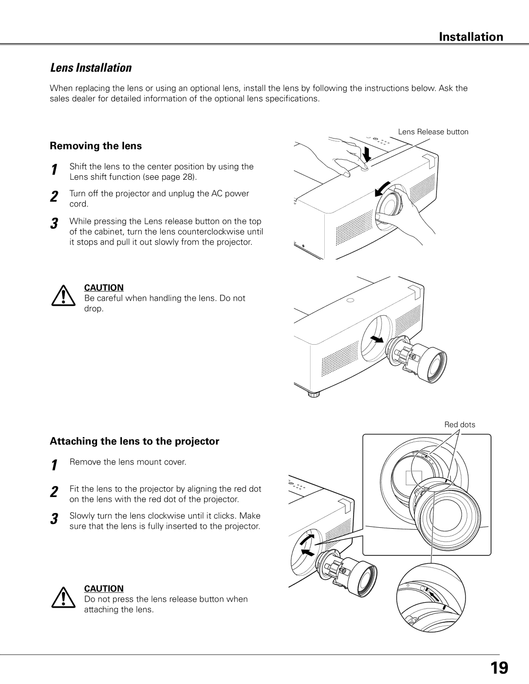 Sanyo PLC-XTC50L owner manual Lens Installation, Removing the lens, Attaching the lens to the projector 