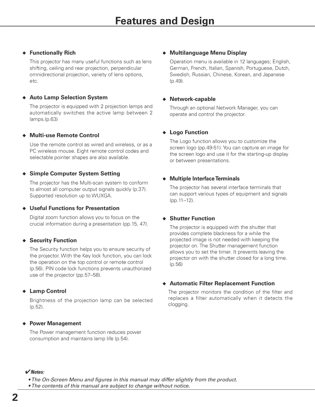 Sanyo PLC-XTC50L owner manual Features and Design 