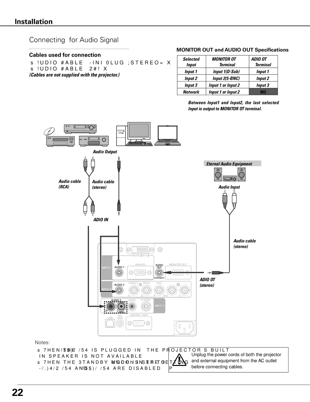 Sanyo PLC-XTC50L owner manual Connecting for Audio Signal, Monitor OUT and Audio OUT Specifications 