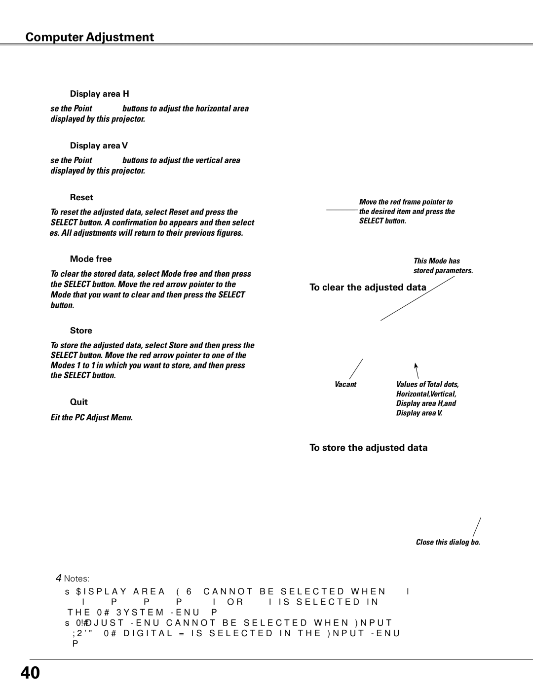 Sanyo PLC-XTC50L owner manual To clear the adjusted data, To store the adjusted data 