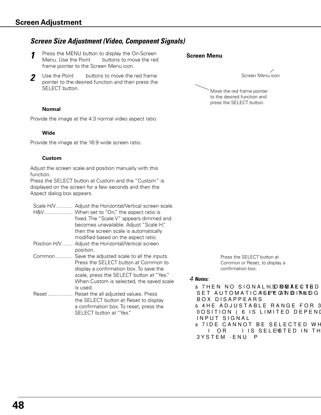 Sanyo PLC-XTC50L owner manual Screen Size Adjustment Video, Component Signals 