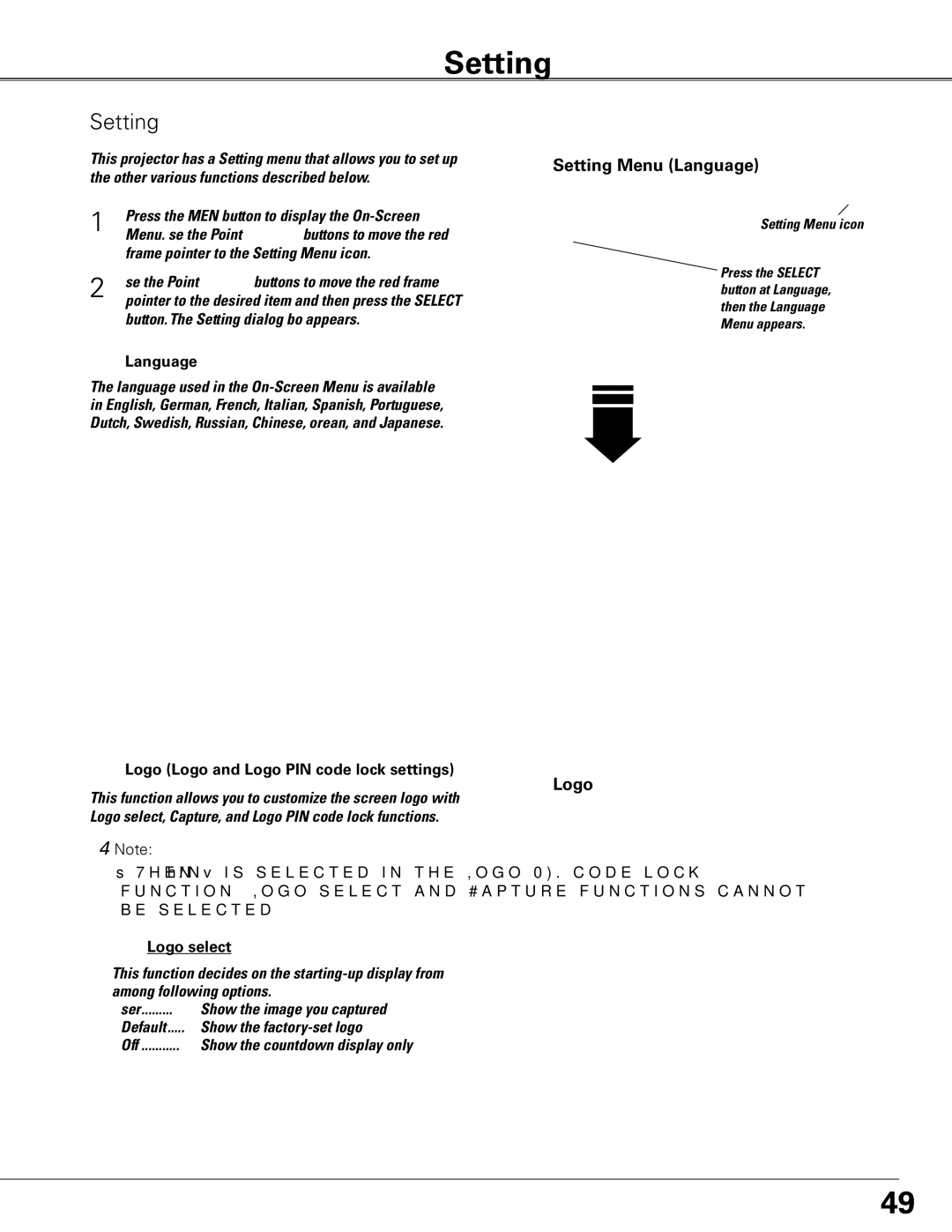 Sanyo PLC-XTC50L owner manual Setting Menu Language, Logo 