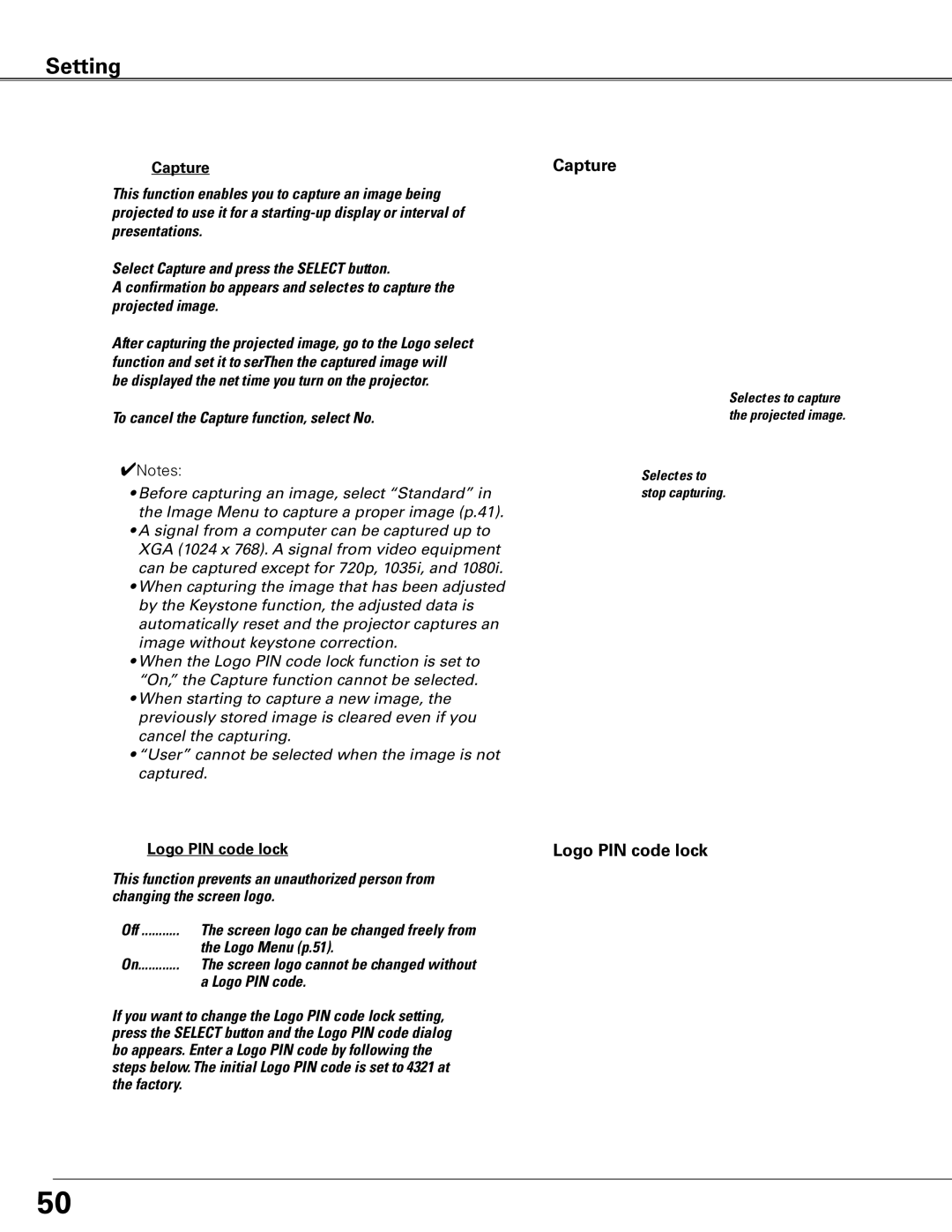 Sanyo PLC-XTC50L owner manual Capture, Logo PIN code lock 