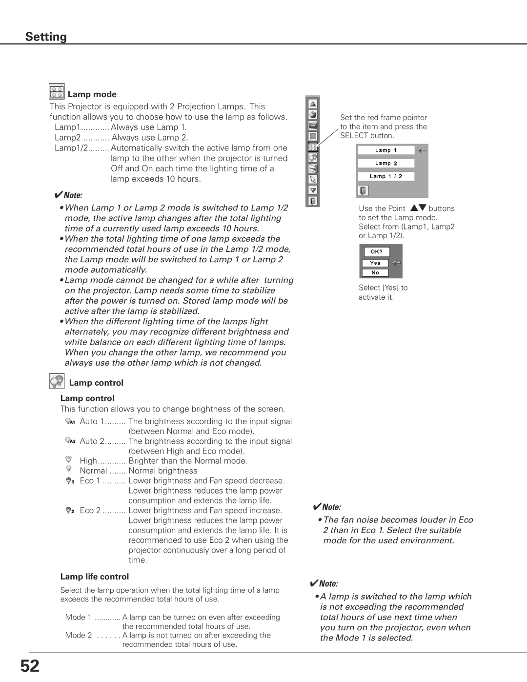 Sanyo PLC-XTC50L owner manual Lamp mode, Lamp control, Lamp life control 