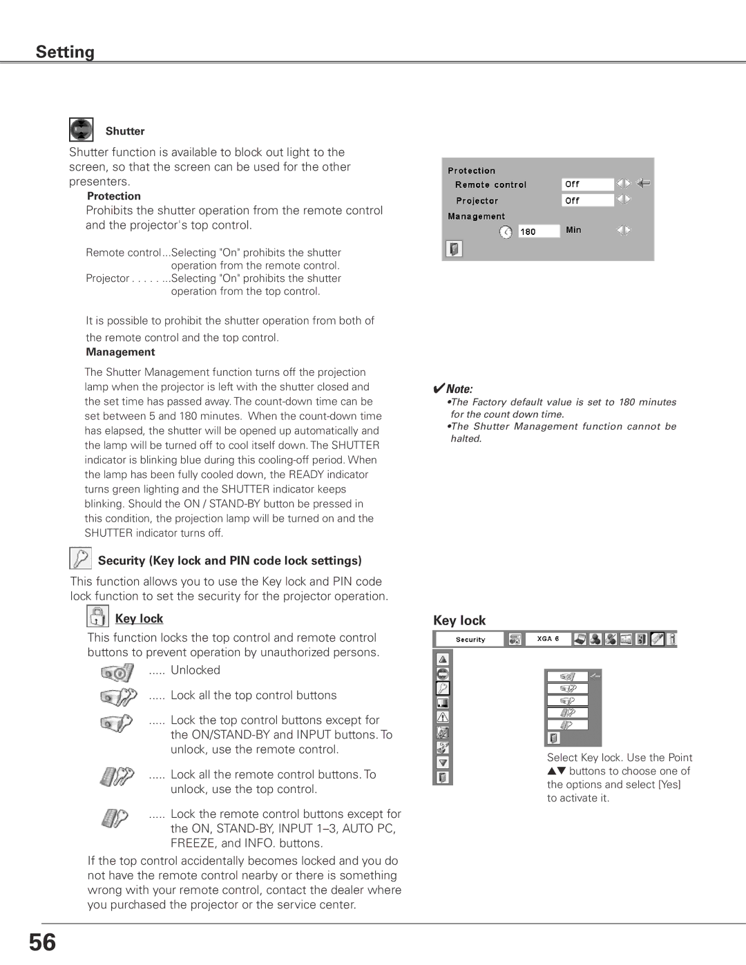 Sanyo PLC-XTC50L owner manual Security Key lock and PIN code lock settings 