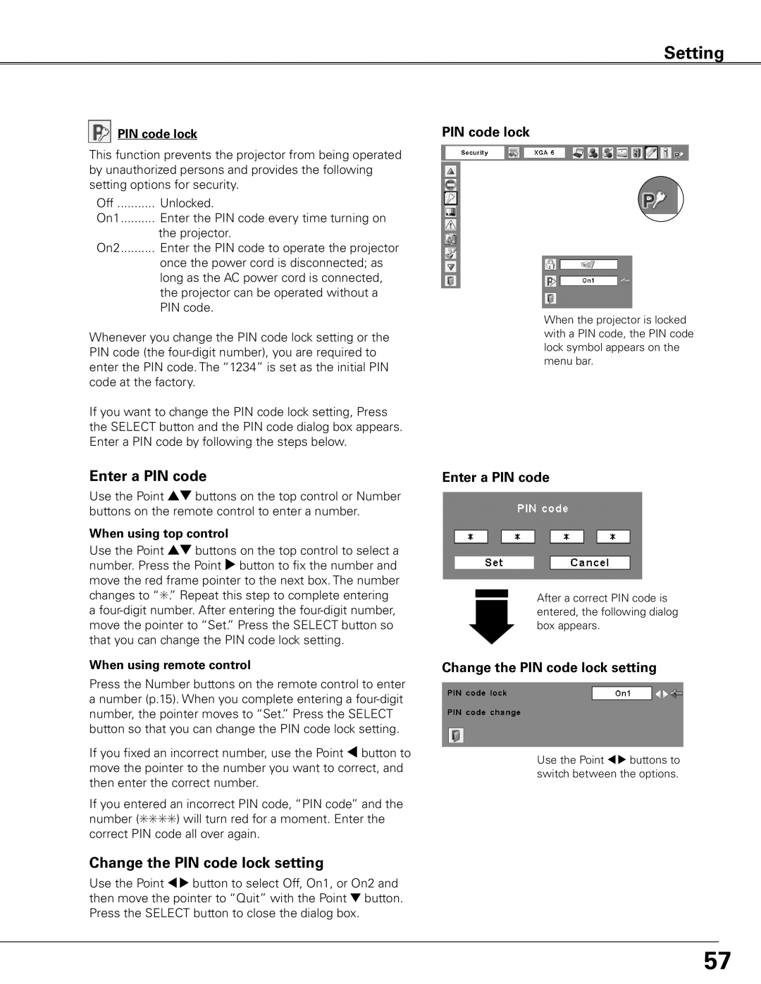 Sanyo PLC-XTC50L owner manual Change the PIN code lock setting, Enter a PIN code 