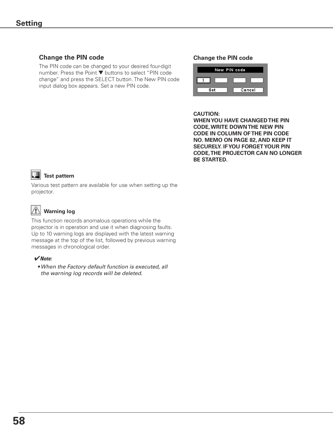 Sanyo PLC-XTC50L owner manual Change the PIN code, Test pattern 