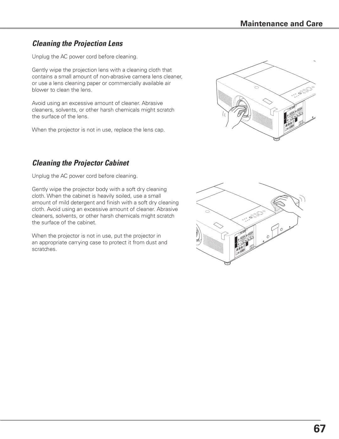 Sanyo PLC-XTC50L owner manual Cleaning the Projection Lens, Cleaning the Projector Cabinet 