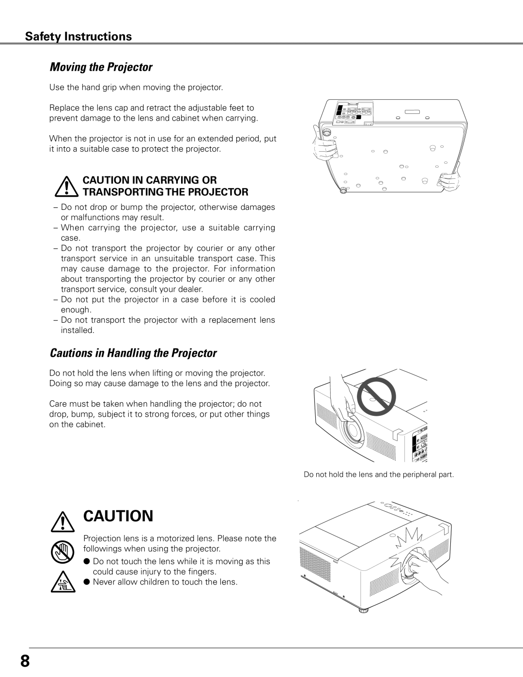 Sanyo PLC-XTC50L owner manual Moving the Projector, Transporting the Projector 