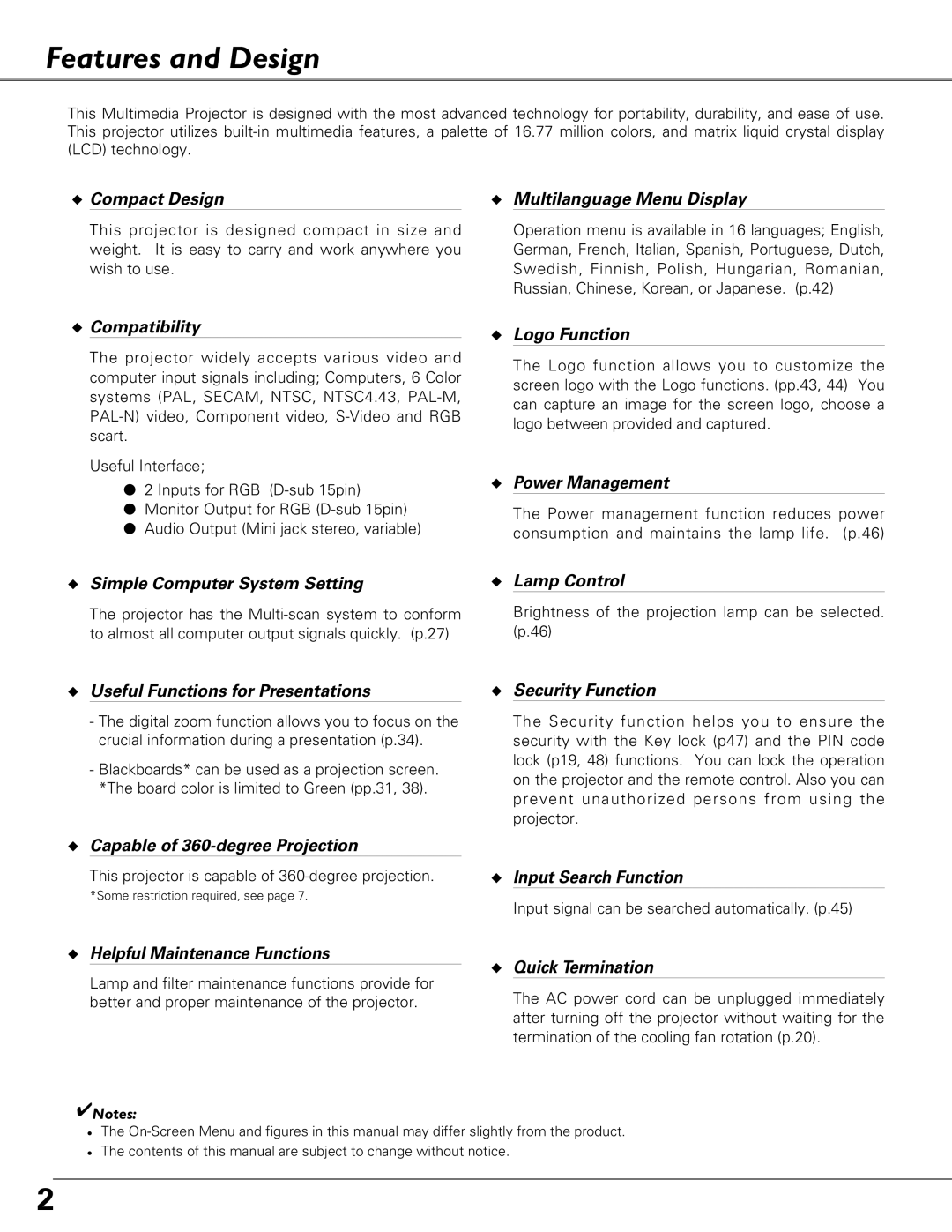 Sanyo PLC-XU 101K owner manual Features and Design, Compact Design Multilanguage Menu Display 