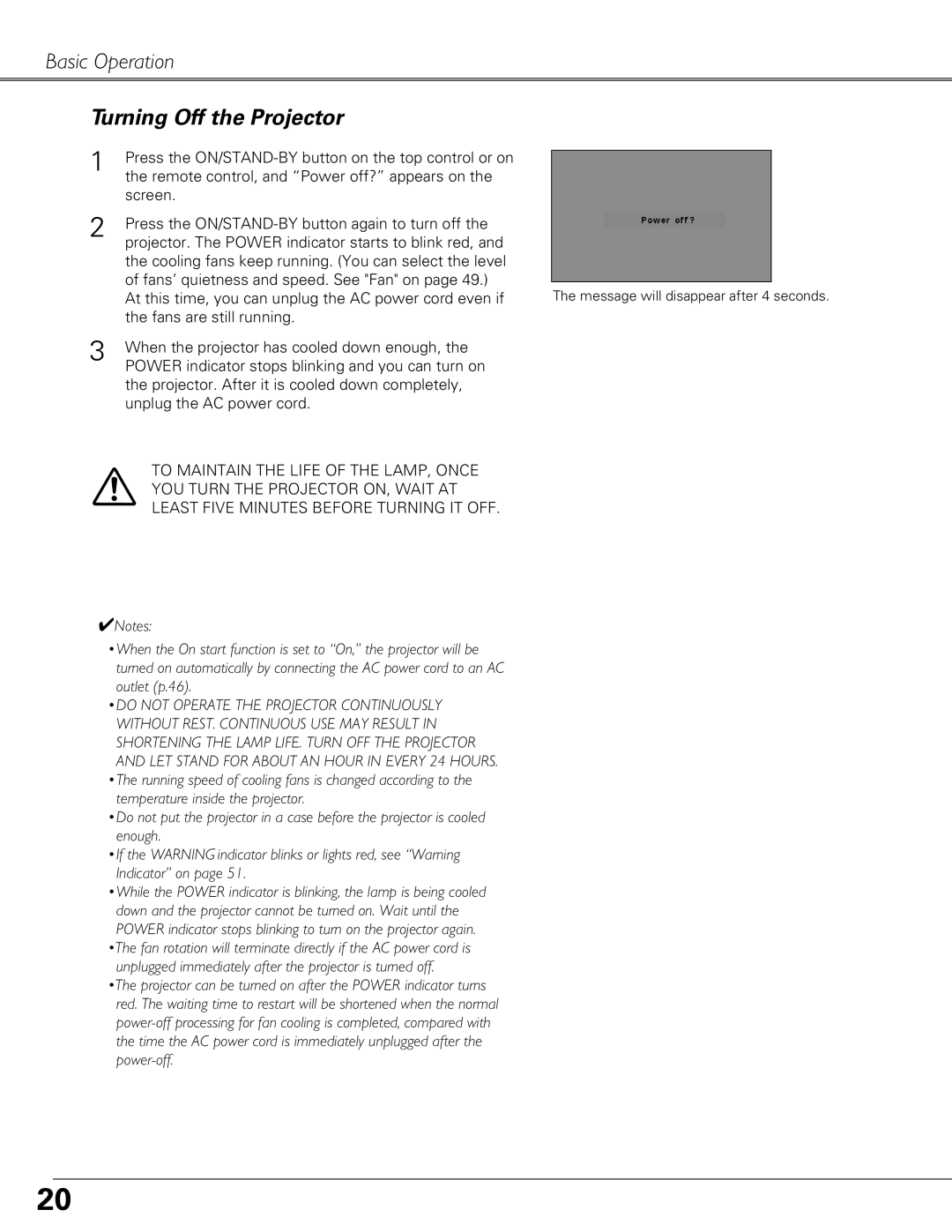 Sanyo PLC-XU 101K owner manual Basic Operation Turning Off the Projector 