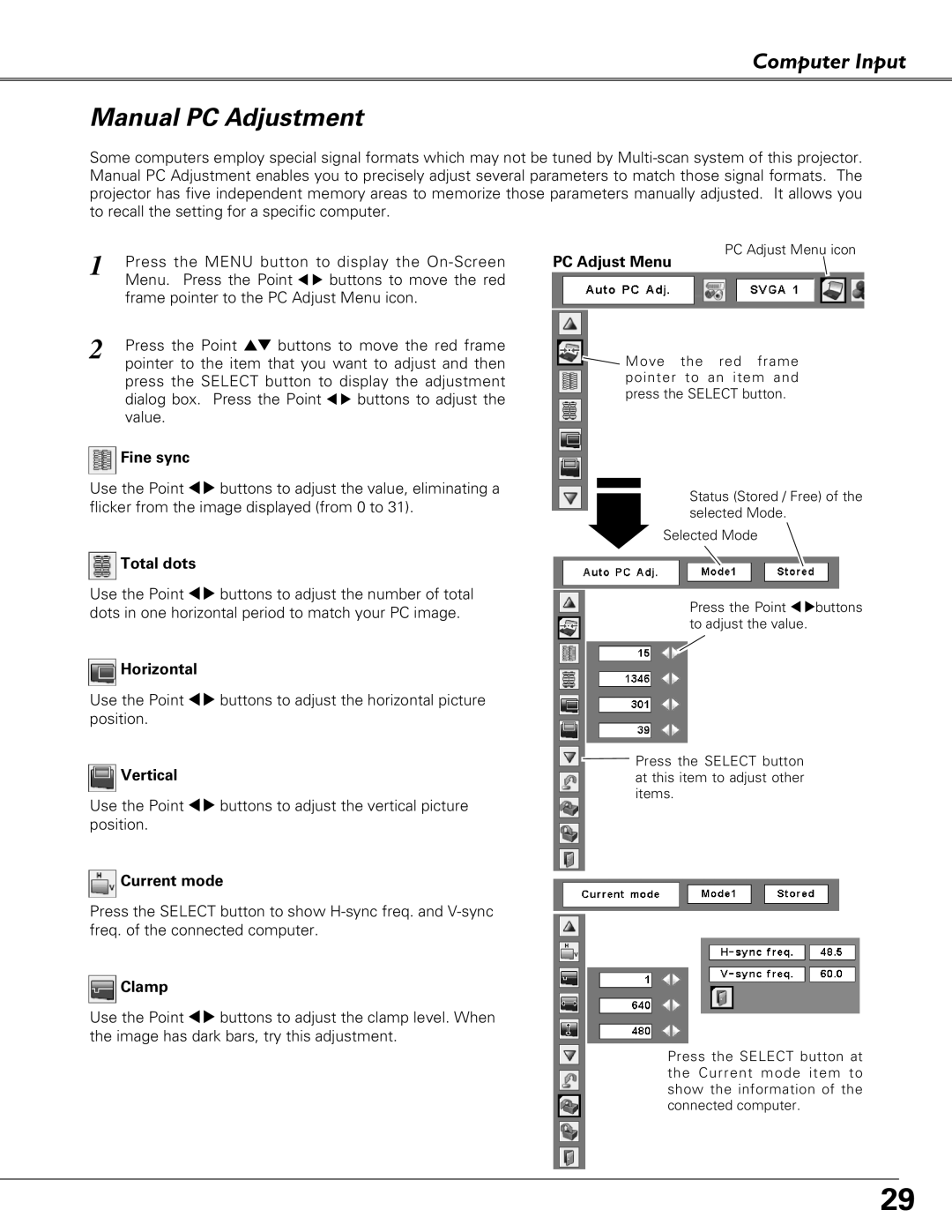 Sanyo PLC-XU 101K owner manual Manual PC Adjustment 