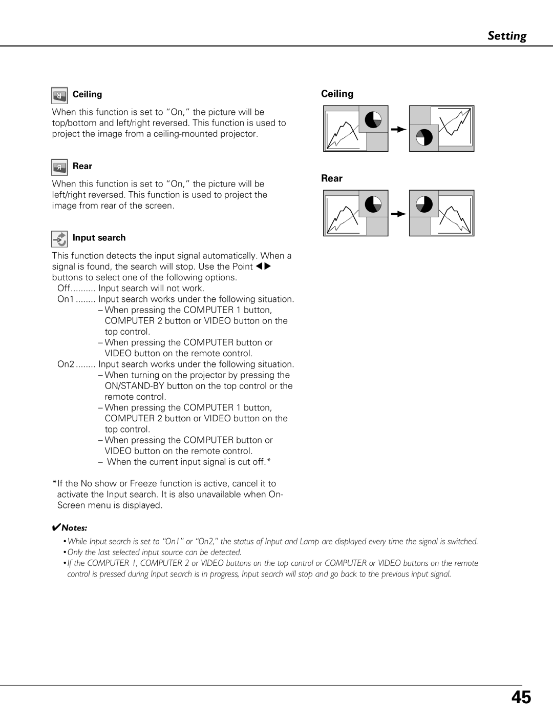 Sanyo PLC-XU 101K owner manual Ceiling, Rear, Input search 