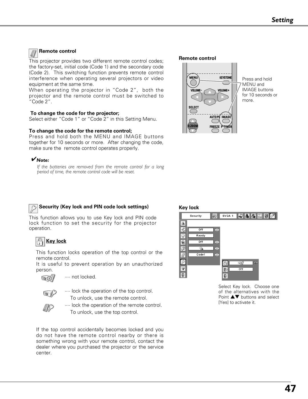 Sanyo PLC-XU 101K owner manual To change the code for the projector, To change the code for the remote control, Key lock 