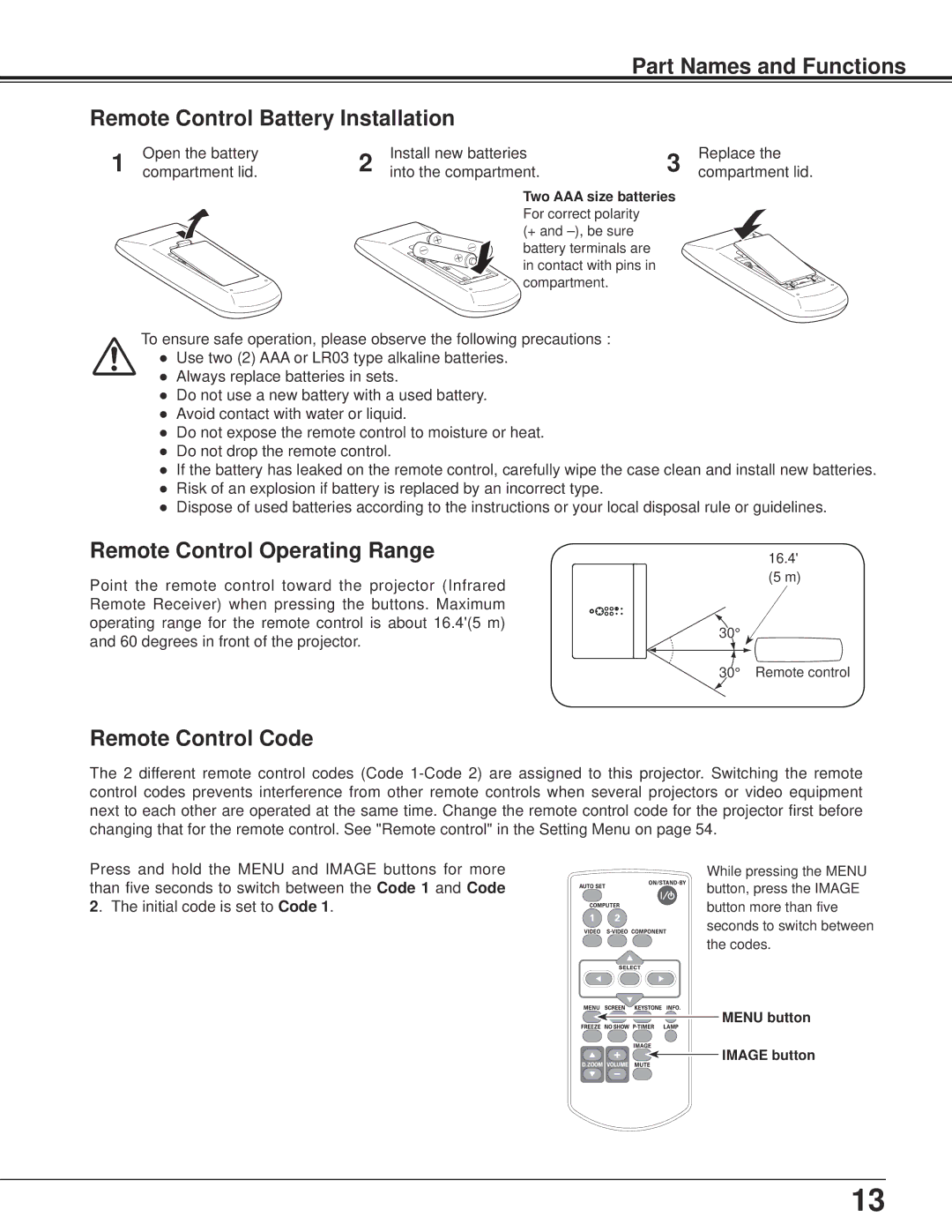 Sanyo PLC-XU106K owner manual Remote Control Operating Range, Remote Control Code 