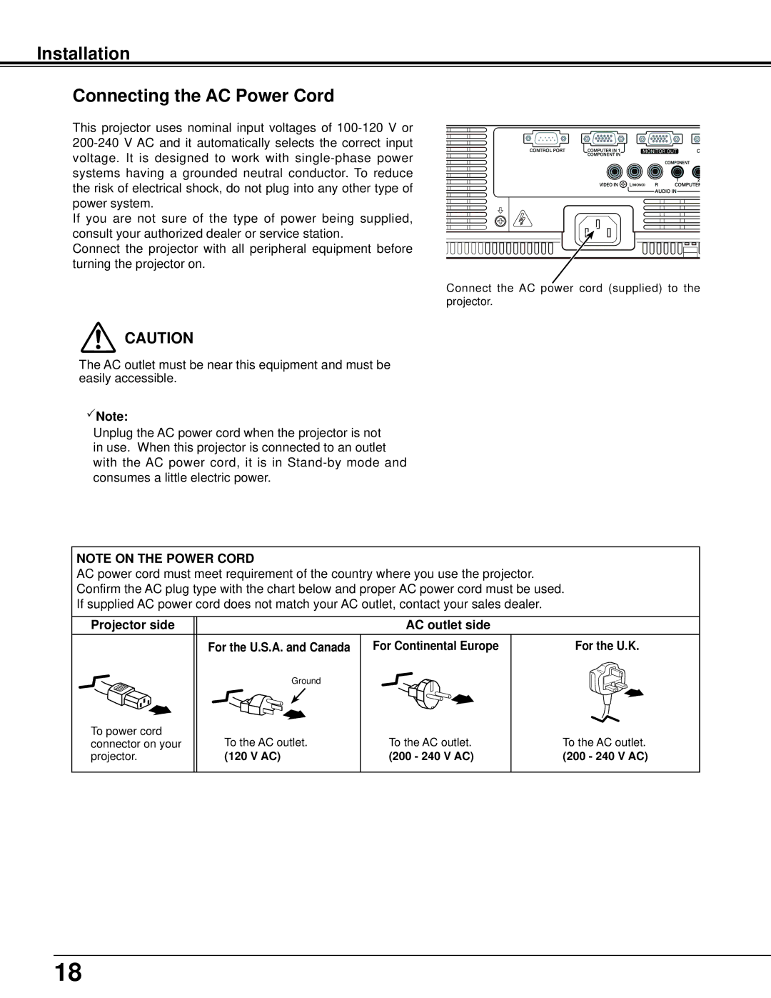 Sanyo PLC-XU106K Installation Connecting the AC Power Cord, Projector side AC outlet side, For Continental Europe 