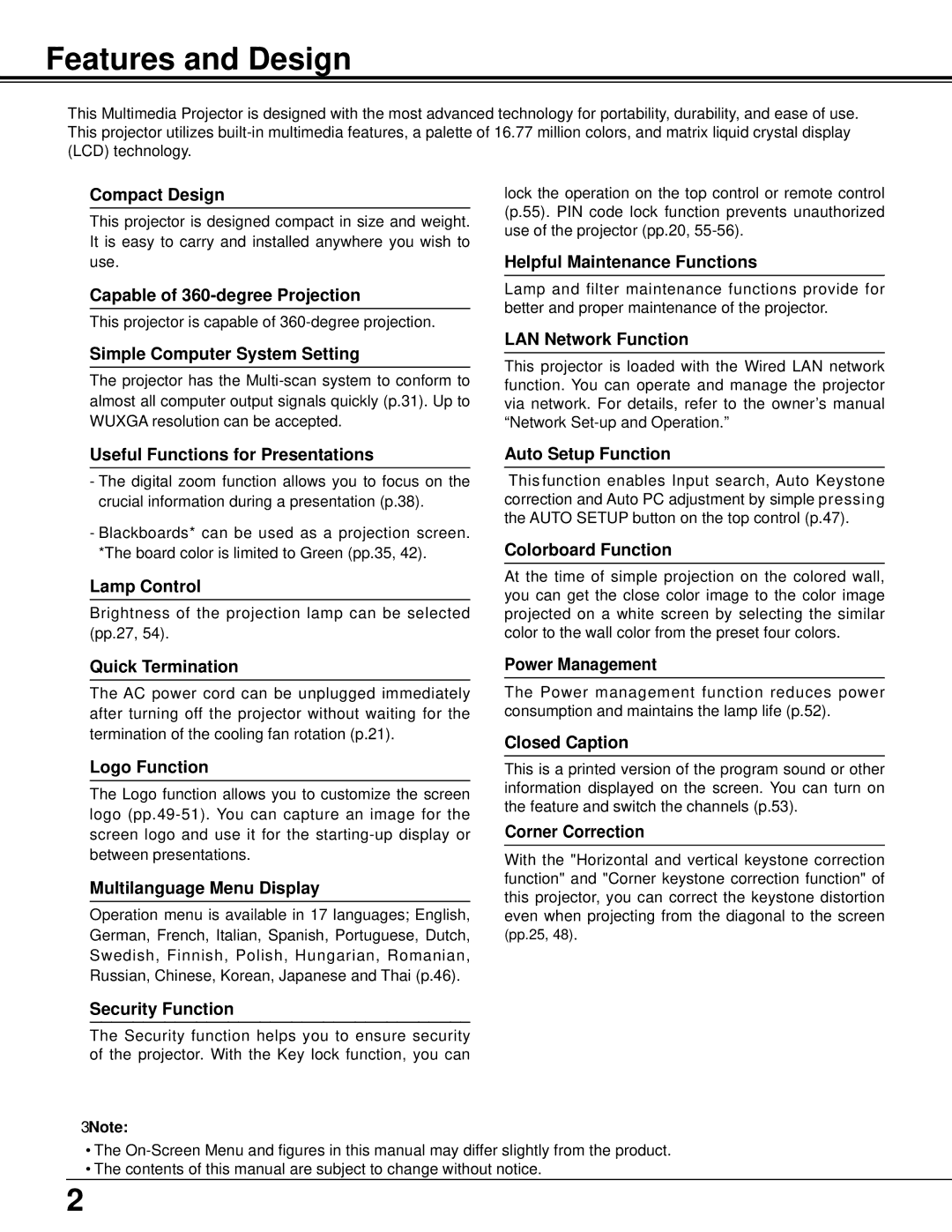 Sanyo PLC-XU106K owner manual Features and Design 