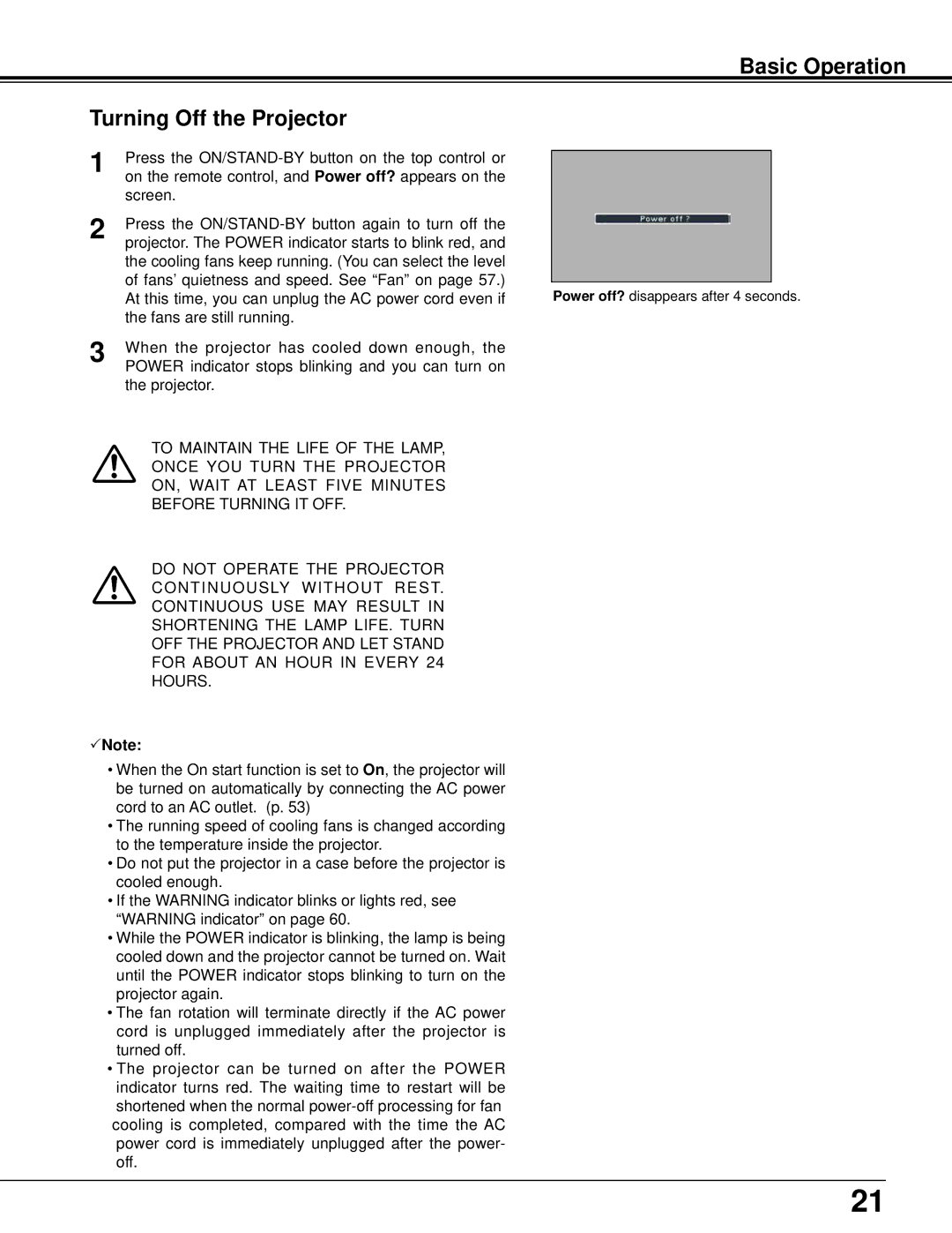 Sanyo PLC-XU106K owner manual Basic Operation Turning Off the Projector 