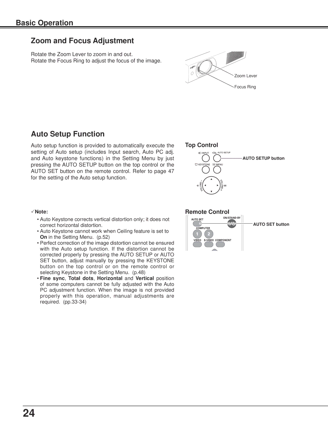 Sanyo PLC-XU106K owner manual Basic Operation Zoom and Focus Adjustment, Auto Setup Function 