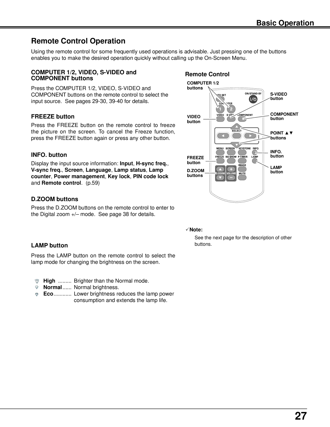 Sanyo PLC-XU106K owner manual Basic Operation Remote Control Operation 