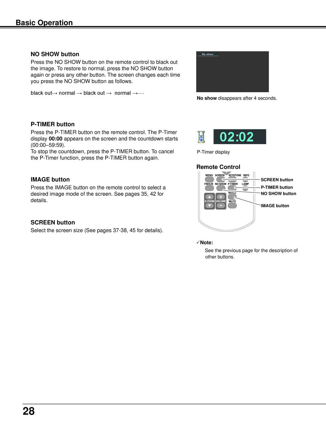 Sanyo PLC-XU106K owner manual No Show button, Timer button, Image button, Screen button 