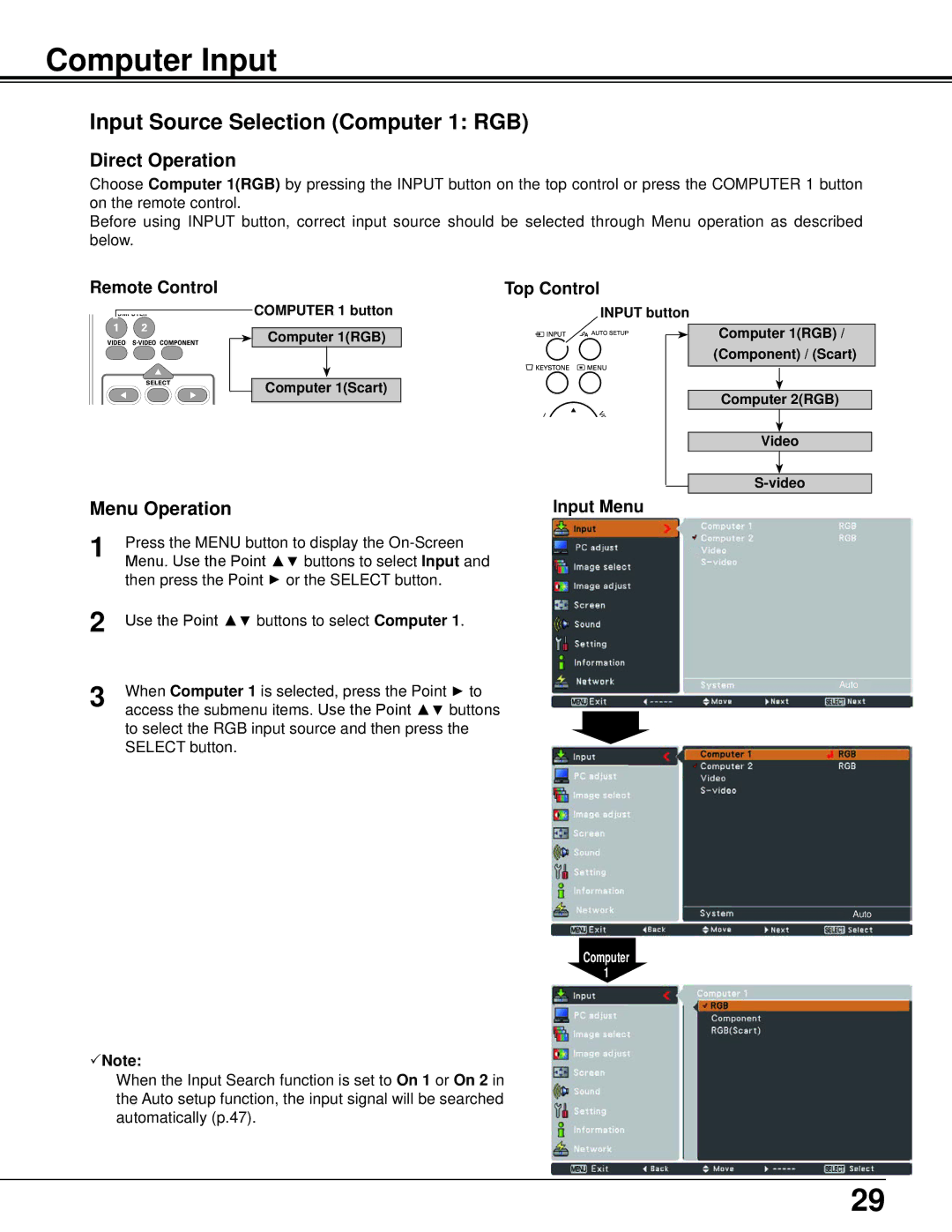 Sanyo PLC-XU106K owner manual Computer Input, Input Source Selection Computer 1 RGB, Input Menu 