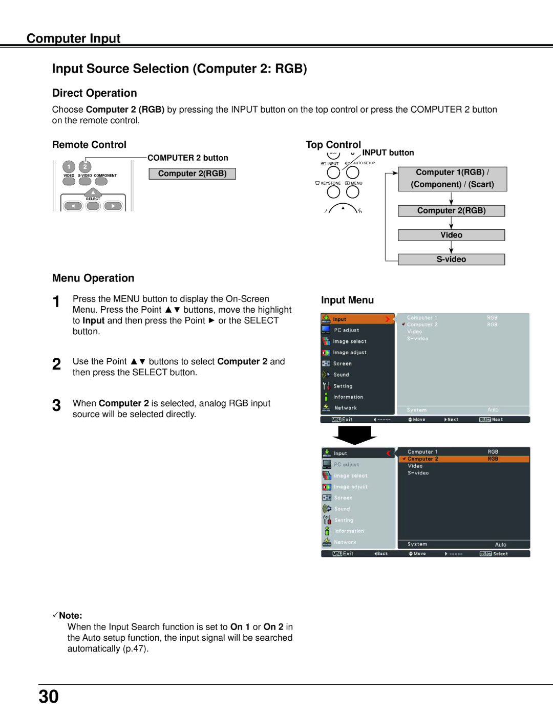 Sanyo PLC-XU106K owner manual Computer Input Input Source Selection Computer 2 RGB 