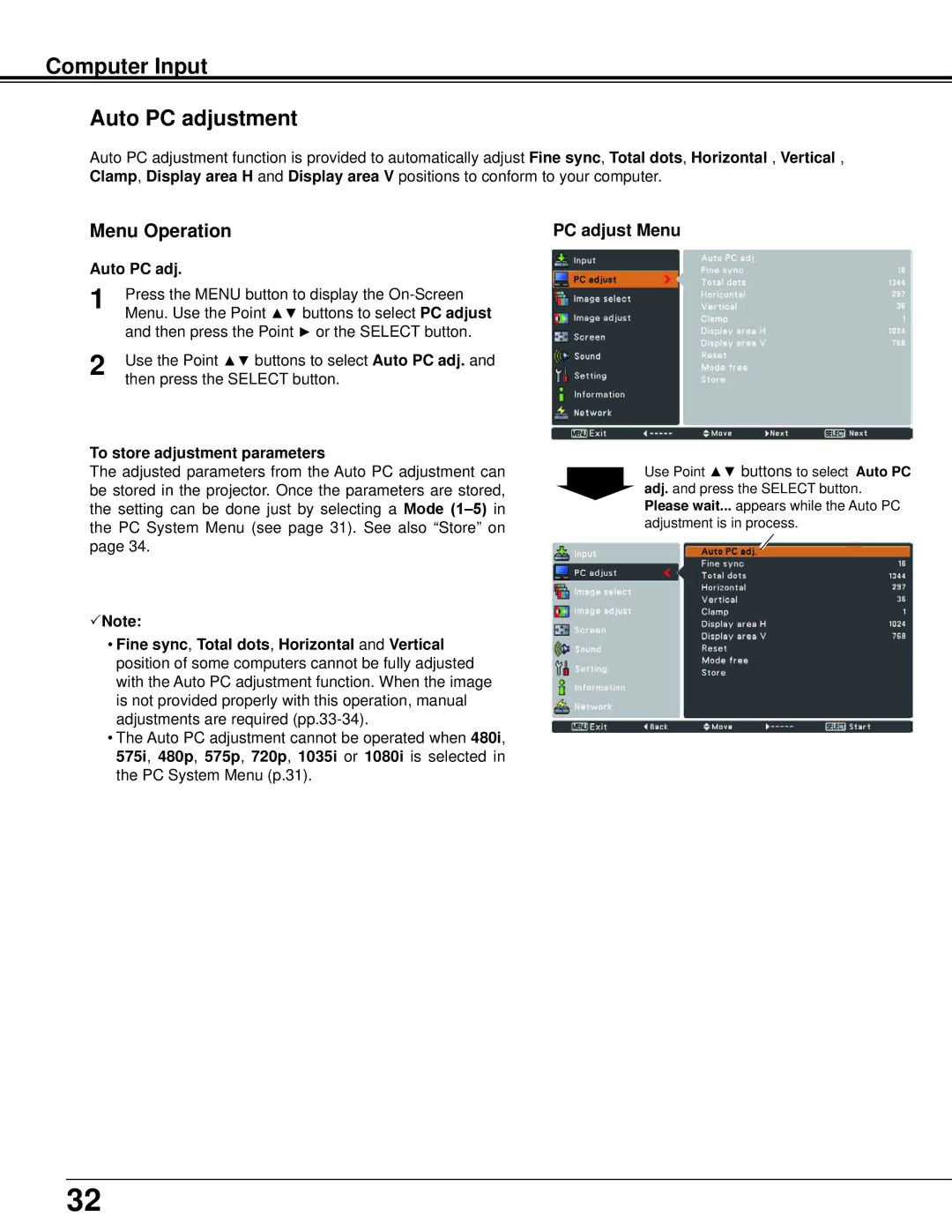 Sanyo PLC-XU106K owner manual Computer Input Auto PC adjustment, PC adjust Menu, To store adjustment parameters 