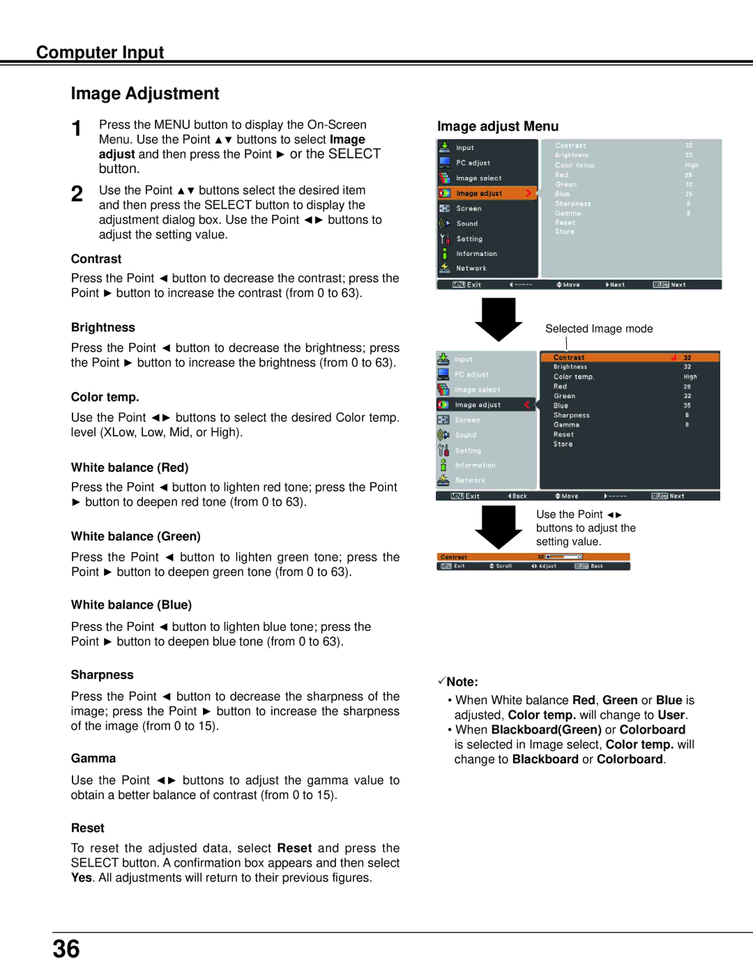 Sanyo PLC-XU106K owner manual Computer Input Image Adjustment, Image adjust Menu 