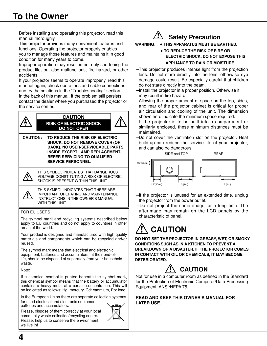 Sanyo PLC-XU106K owner manual To the Owner, Safety Precaution 