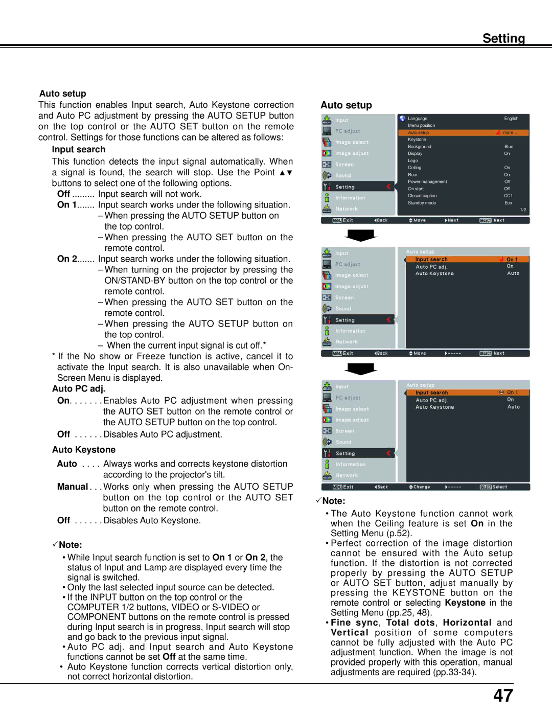 Sanyo PLC-XU106K owner manual Auto setup, Input search, Auto Keystone 