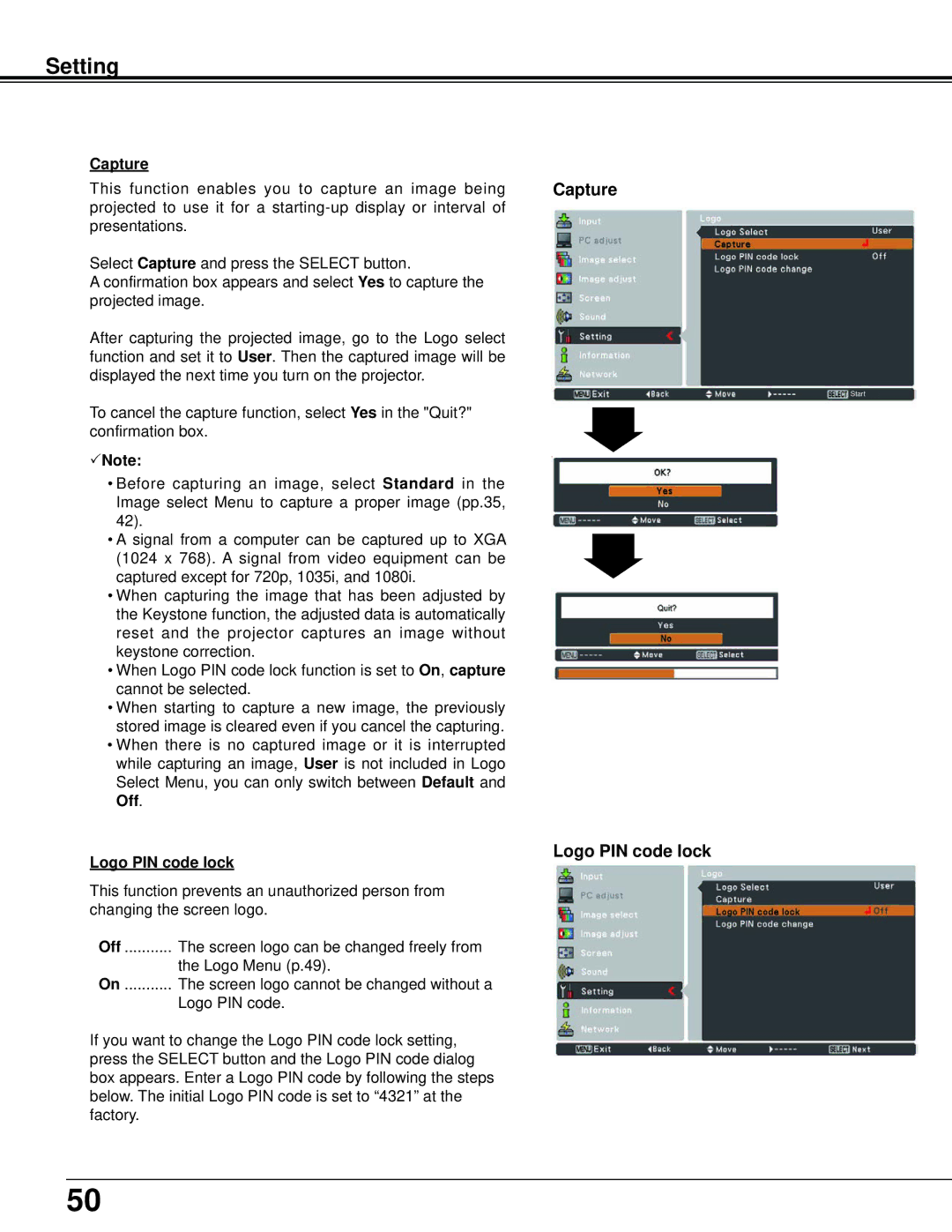 Sanyo PLC-XU106K owner manual Capture, Logo PIN code lock 