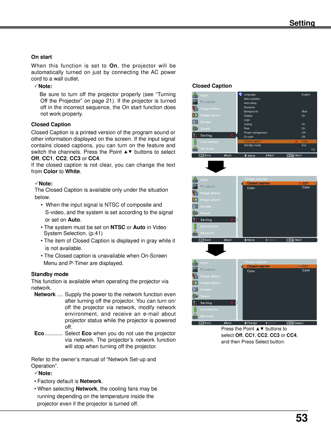 Sanyo PLC-XU106K owner manual On start, Closed Caption, Standby mode 