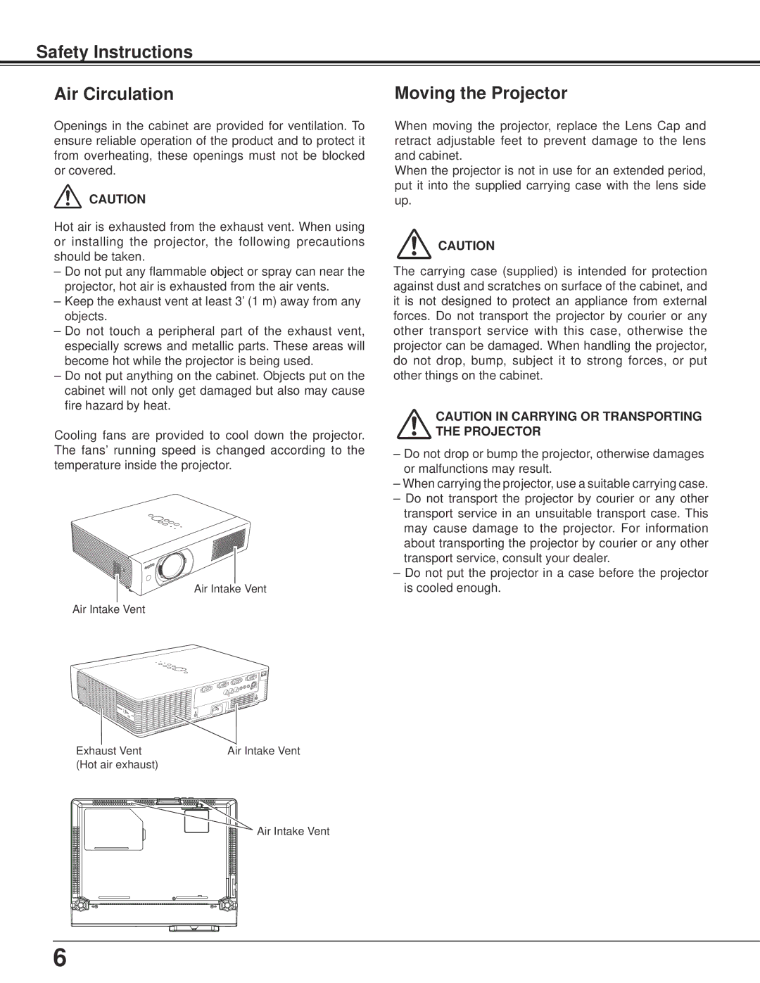 Sanyo PLC-XU106K owner manual Safety Instructions Air Circulation, Moving the Projector 