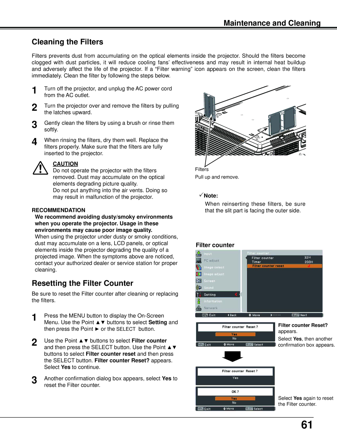 Sanyo PLC-XU106K owner manual Maintenance and Cleaning Cleaning the Filters, Resetting the Filter Counter 