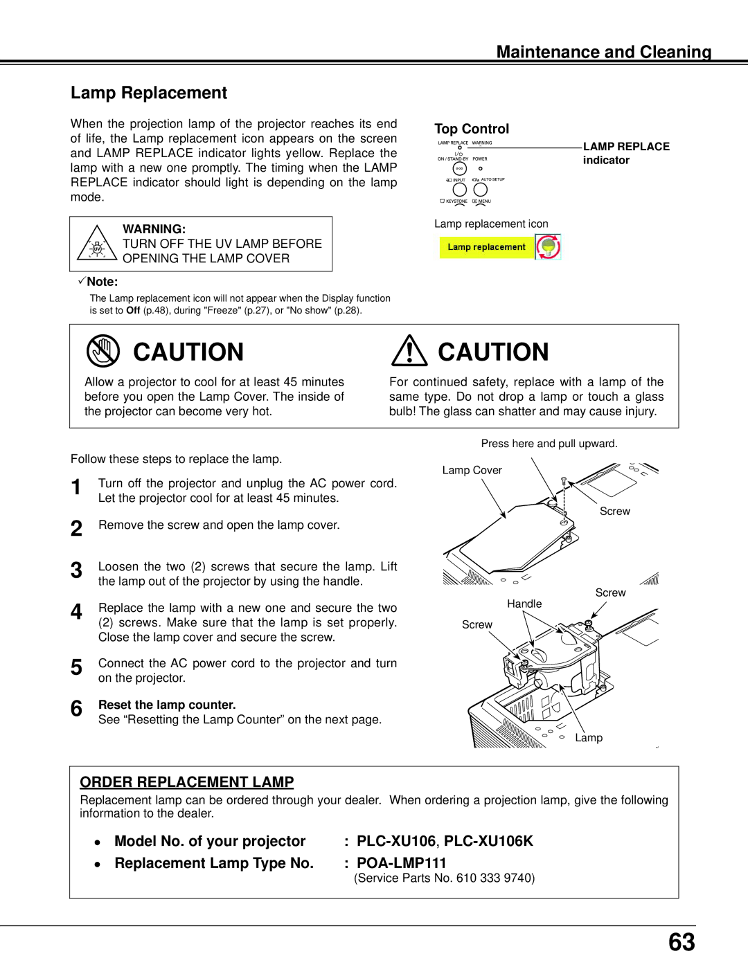 Sanyo PLC-XU106K owner manual Maintenance and Cleaning Lamp Replacement, Service Parts No 333 