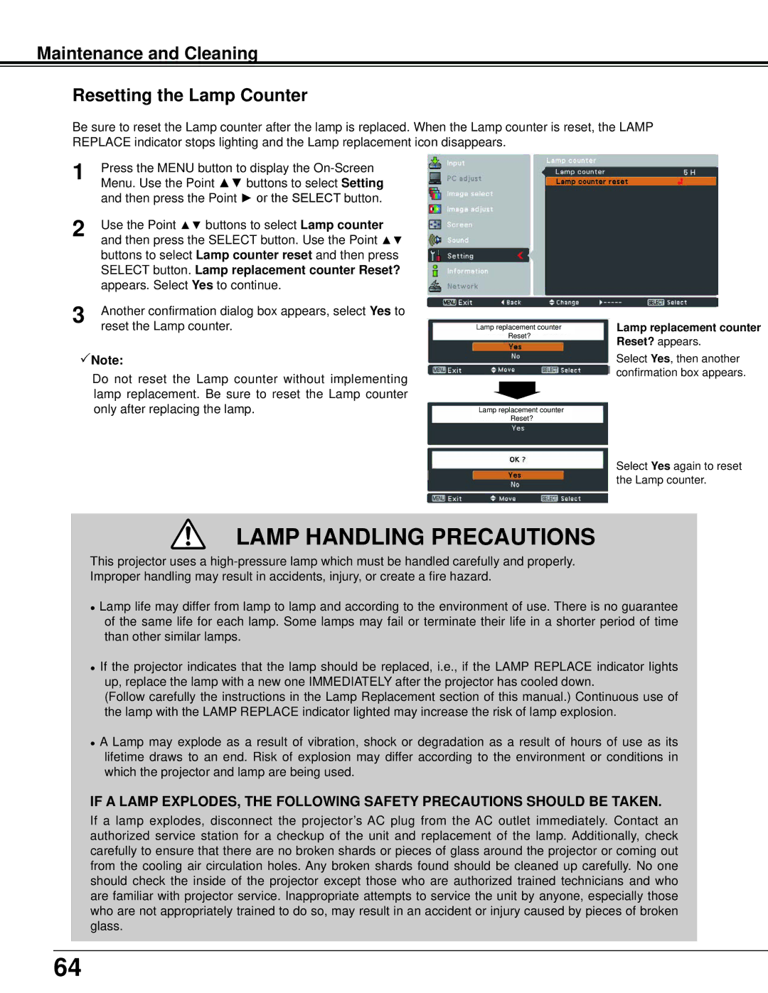 Sanyo PLC-XU106K Maintenance and Cleaning Resetting the Lamp Counter, Select button. Lamp replacement counter Reset? 