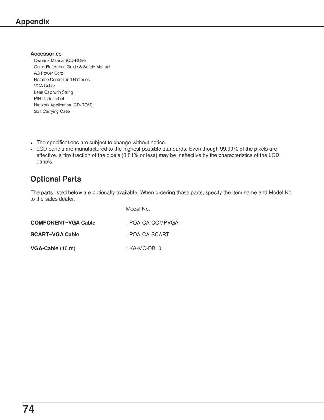 Sanyo PLC-XU106K owner manual Optional Parts 