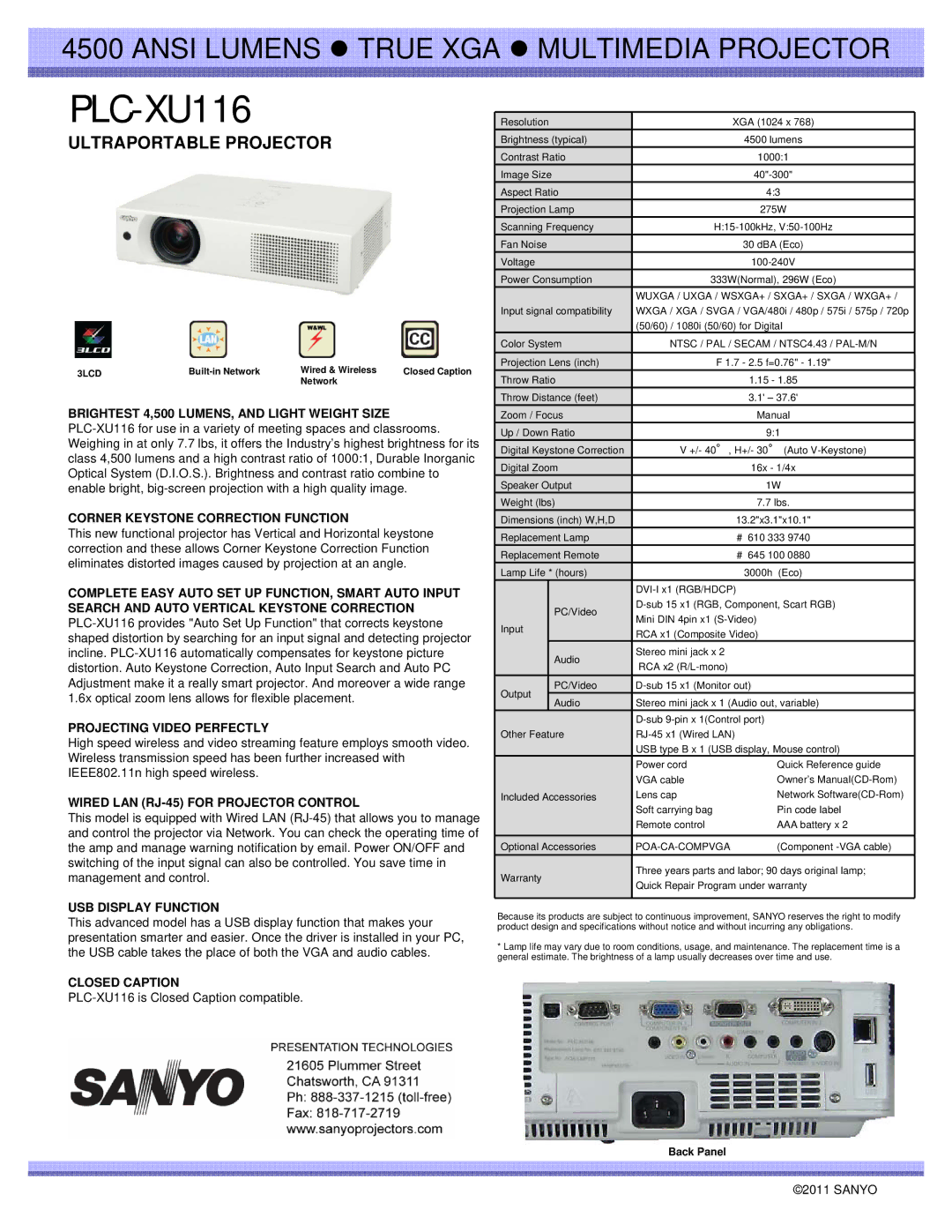 Sanyo PLC-XU116 specifications Ultraportable Projector 