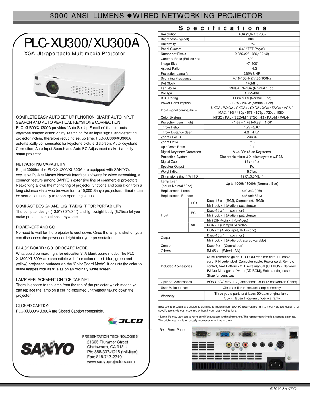 Sanyo PLC-XU300A specifications Networking Capability, Compact Design and Lightweight for Portability, POWER-OFF and GO 