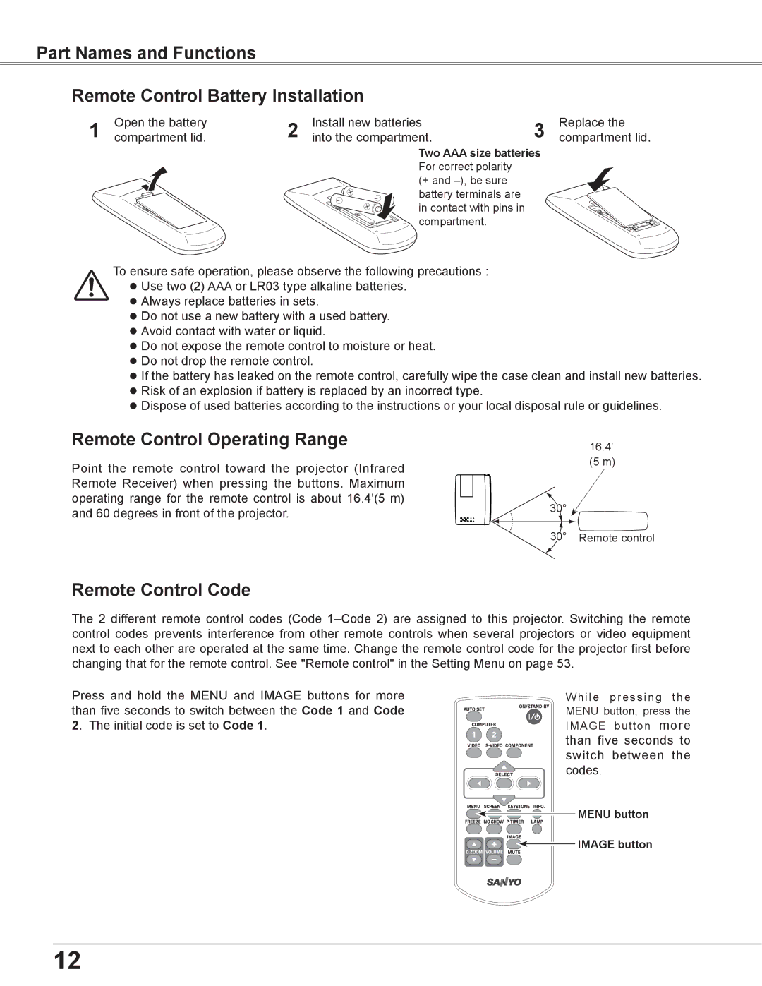 Sanyo PLC-XU300K, PLC-XU350K owner manual Remote Control Operating Range, Remote Control Code 