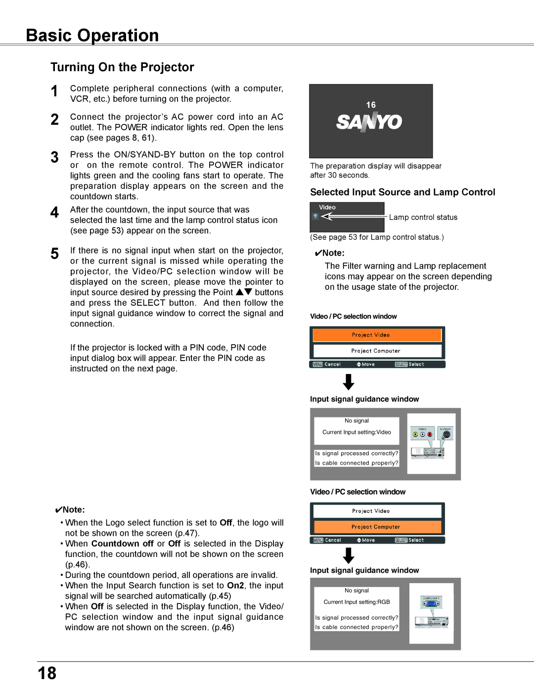 Sanyo PLC-XU350K, PLC-XU300K owner manual Basic Operation, Turning On the Projector, Selected Input Source and Lamp Control 