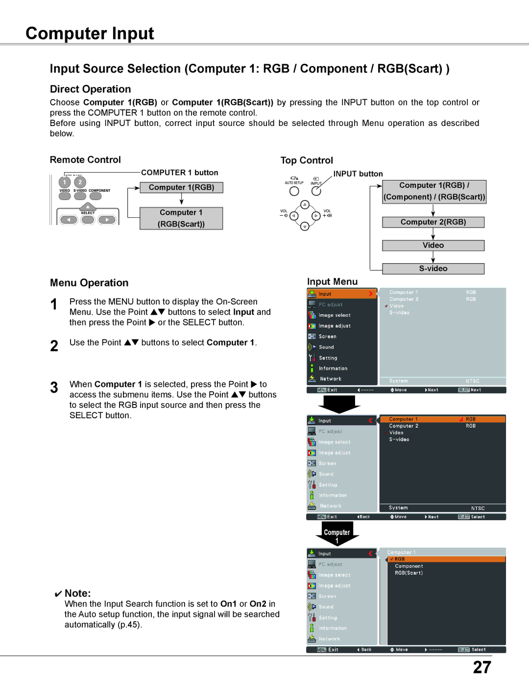 Sanyo PLC-XU300K, PLC-XU350K owner manual Computer Input, Input Menu 