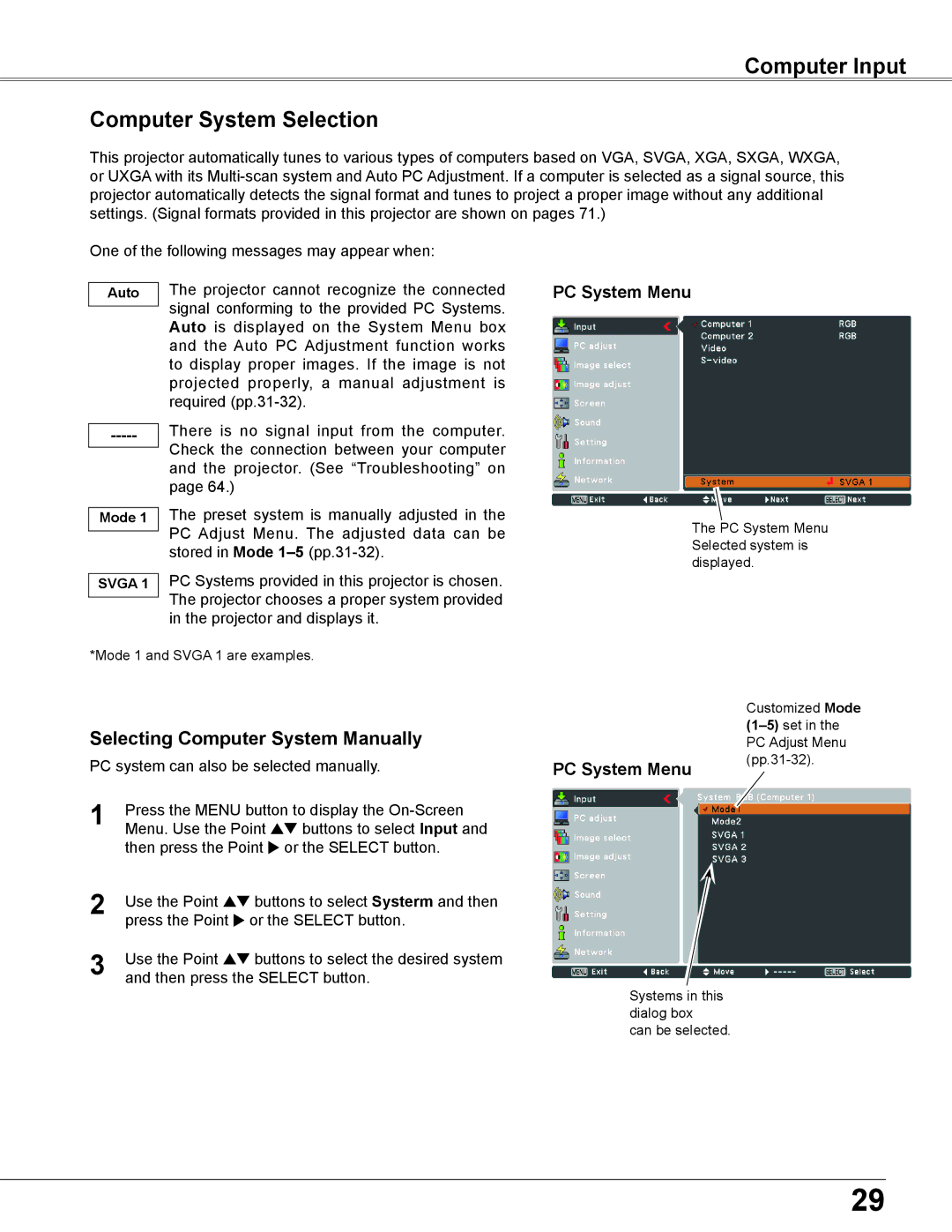 Sanyo PLC-XU350, PLC-XU300K Computer Input Computer System Selection, Selecting Computer System Manually, PC System Menu 