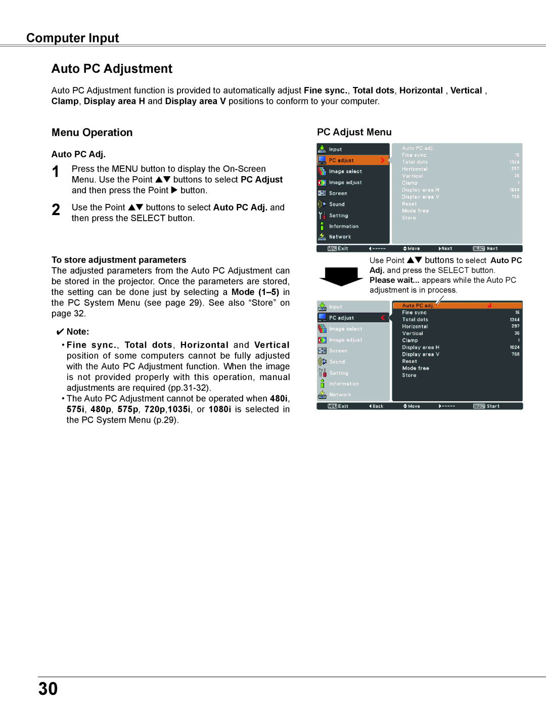 Sanyo PLC-XU350K, PLC-XU300K owner manual Computer Input Auto PC Adjustment, PC Adjust Menu, To store adjustment parameters 