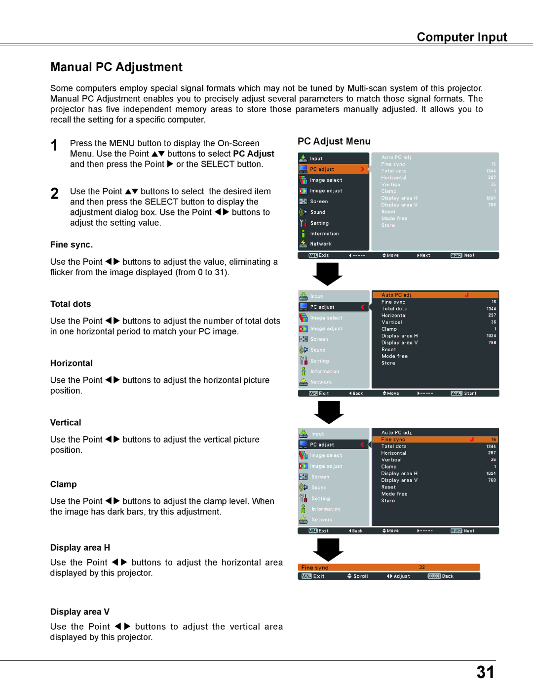 Sanyo PLC-XU300K, PLC-XU350K owner manual Computer Input Manual PC Adjustment 