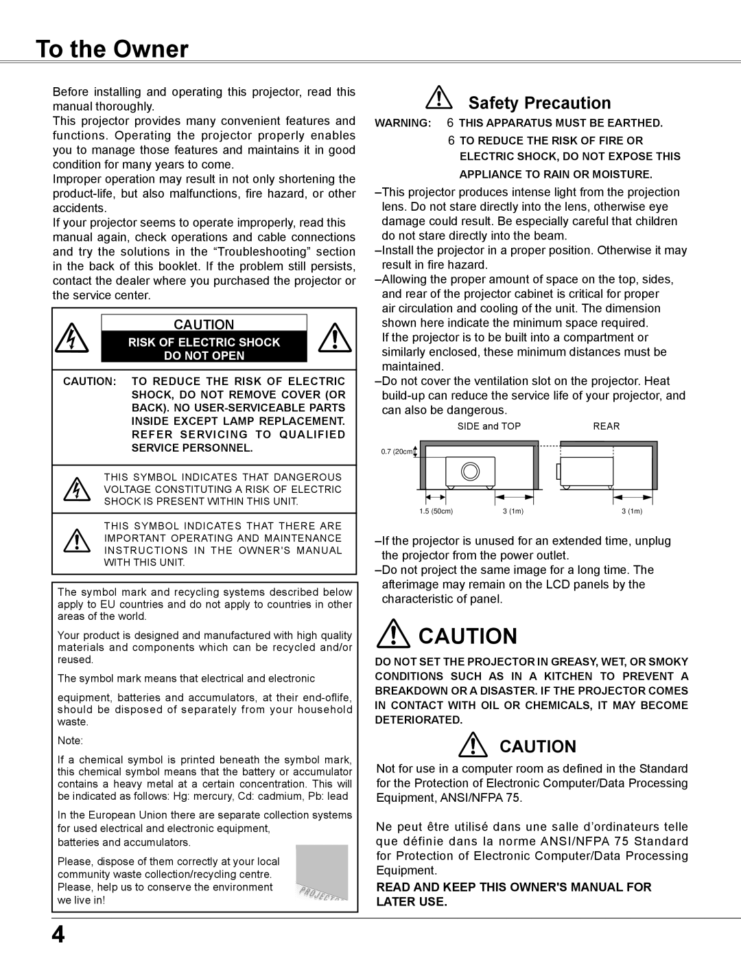 Sanyo PLC-XU300K, PLC-XU350K owner manual To the Owner, Safety Precaution 