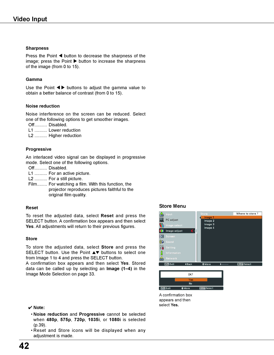 Sanyo PLC-XU350K, PLC-XU300K owner manual Video Input, Store Menu, Noise reduction, Progressive 